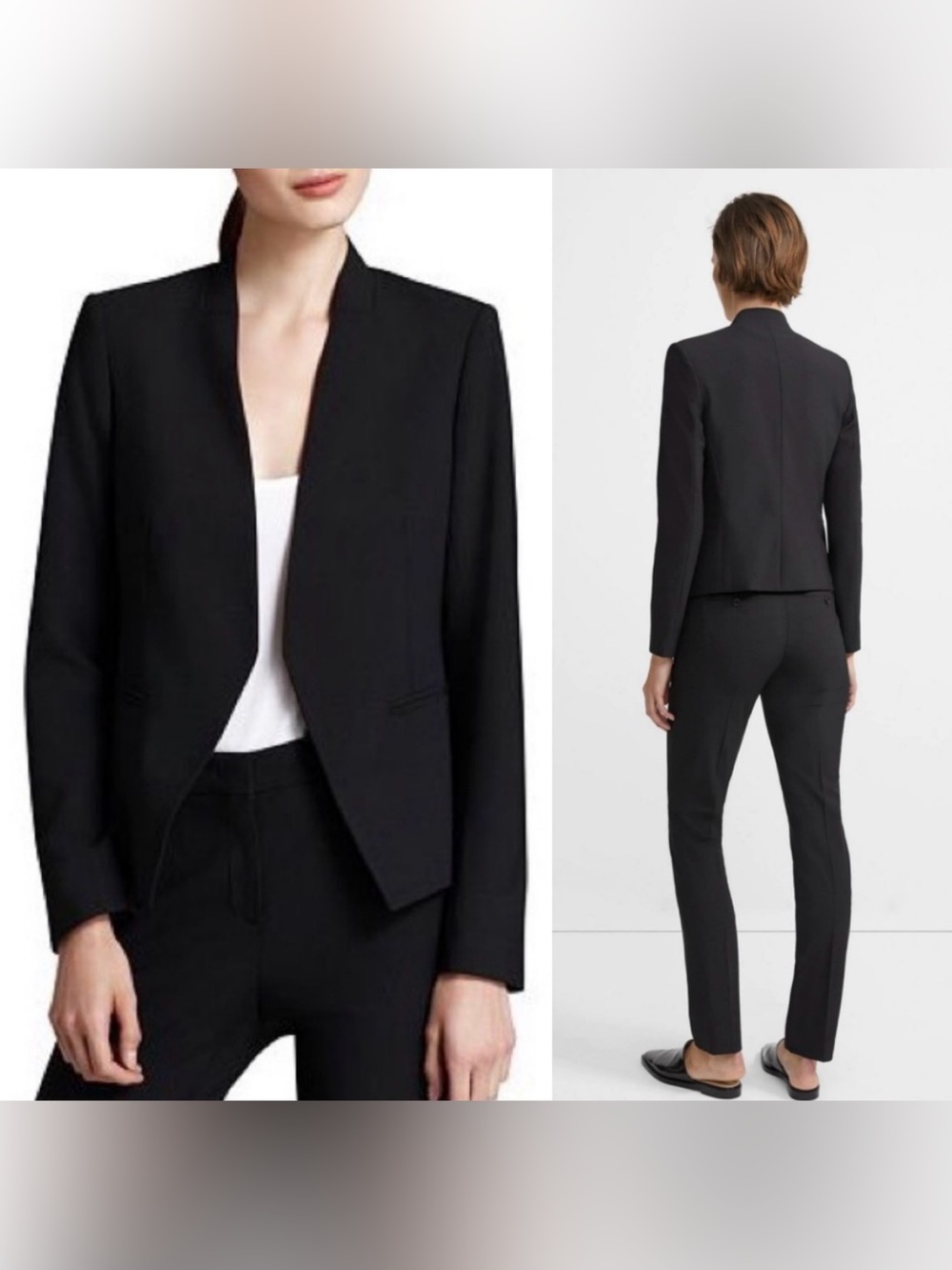 Theory black structured open front wool blazer size 0